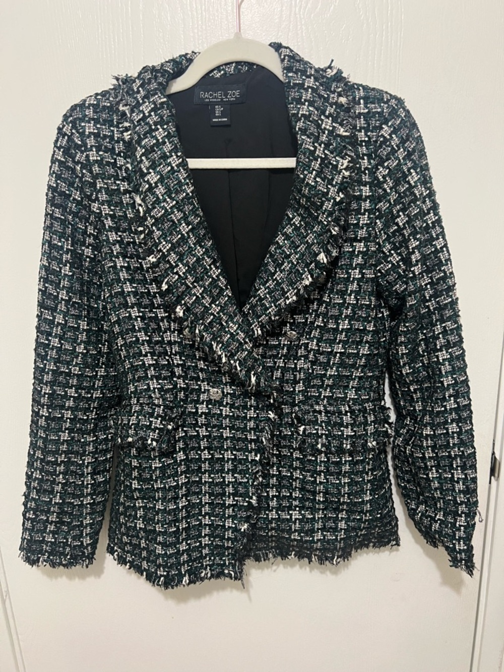 Rachel Zoe Black White Green Tweed Blazer Small